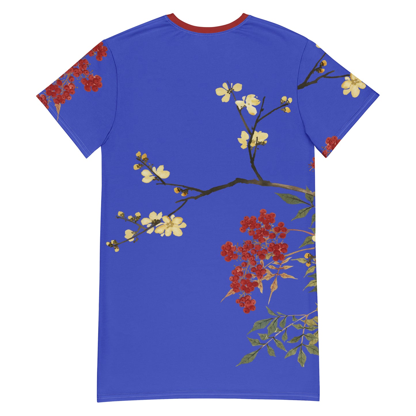 The Spirit of Flowers in Twelve Months｜Blooming Wintersweet and Heavenly Bamboo｜T-shirt dress｜Royal blue