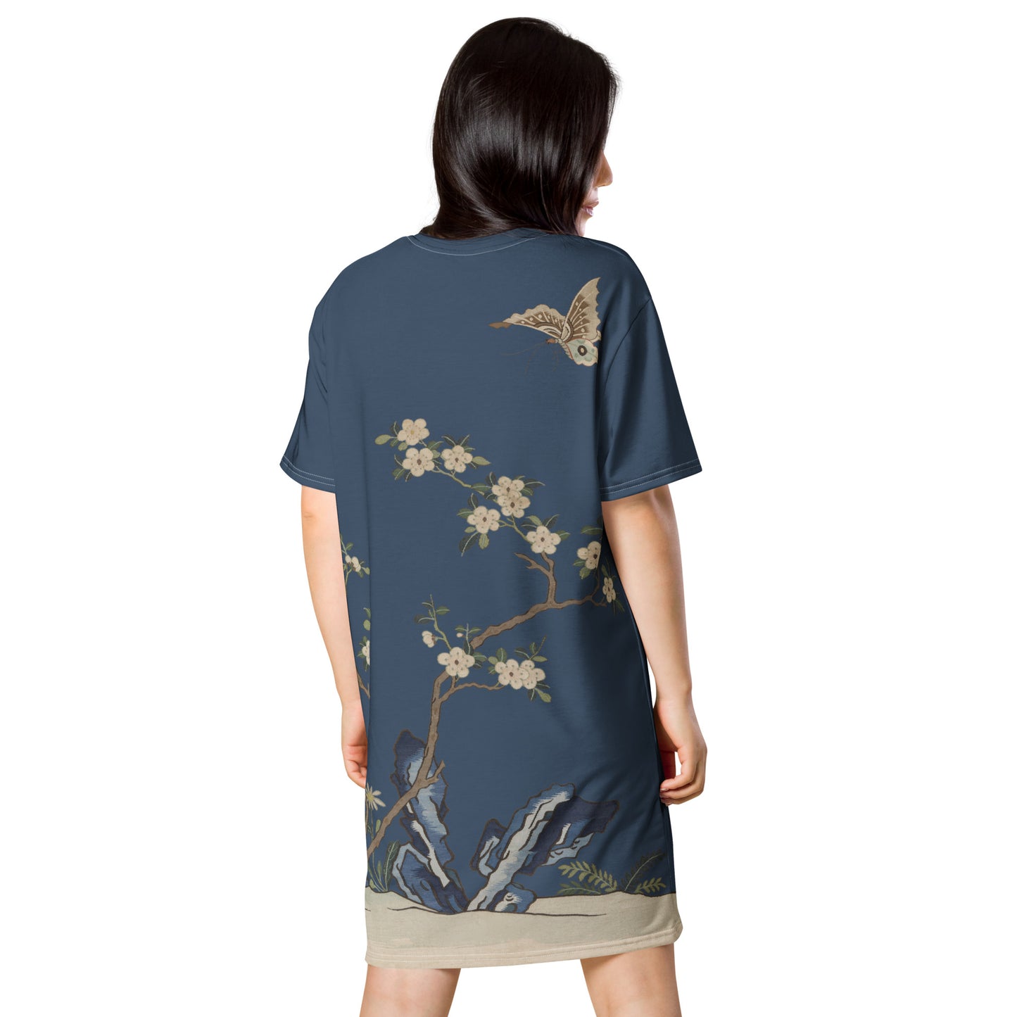 Kesi Flower Album｜White Plum Blossoms and Butterfly｜T-shirt dress｜Dark blue