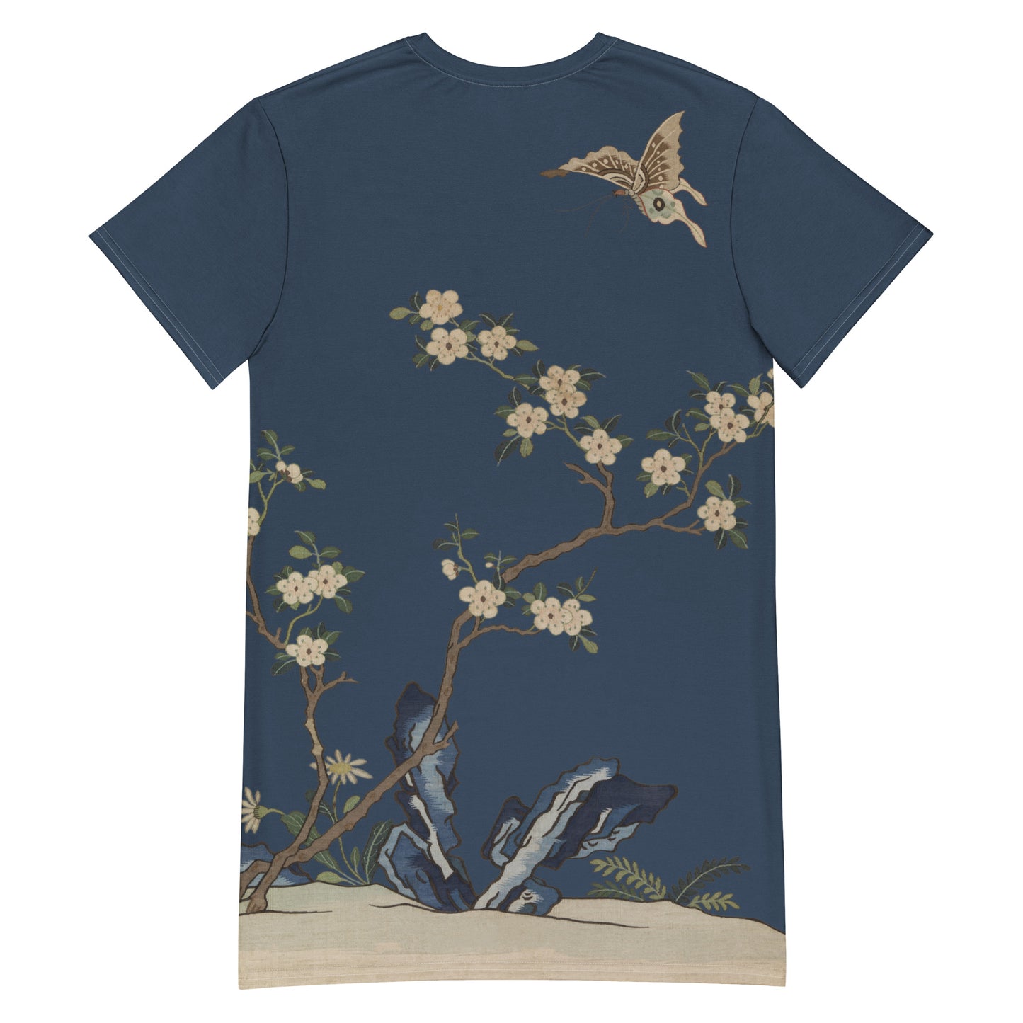 Kesi Flower Album｜White Plum Blossoms and Butterfly｜T-shirt dress｜Dark blue