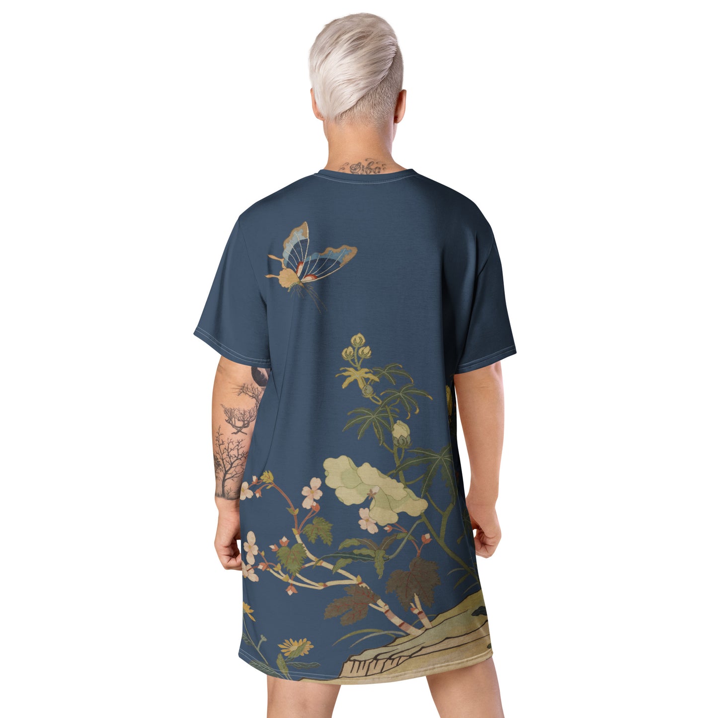 Kesi Flower Album｜Hibiscus and Begonia Blossoms｜T-shirt dress｜Dark blue