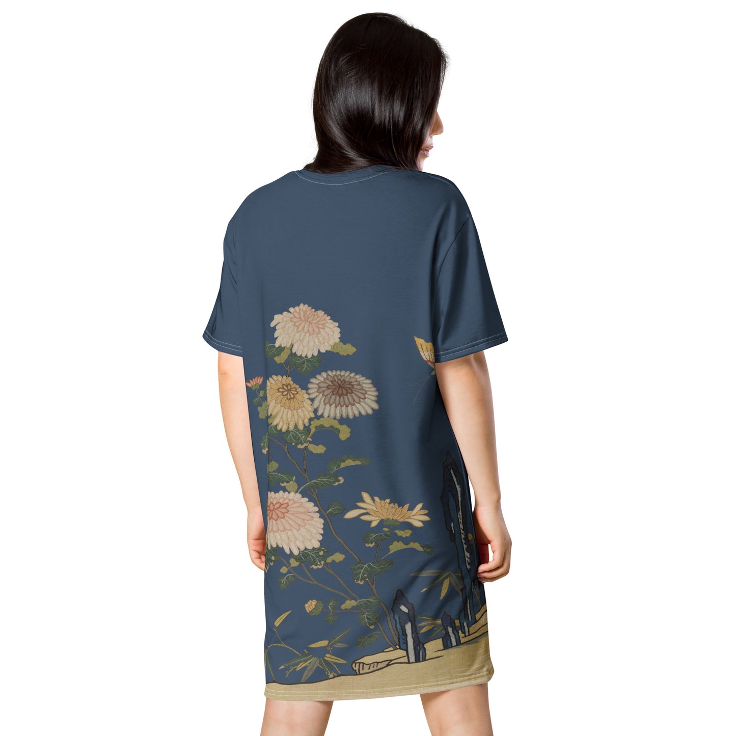 タペストリーの花｜Chrysanthemums and Butterflies｜T-shirt dress｜Dark blue