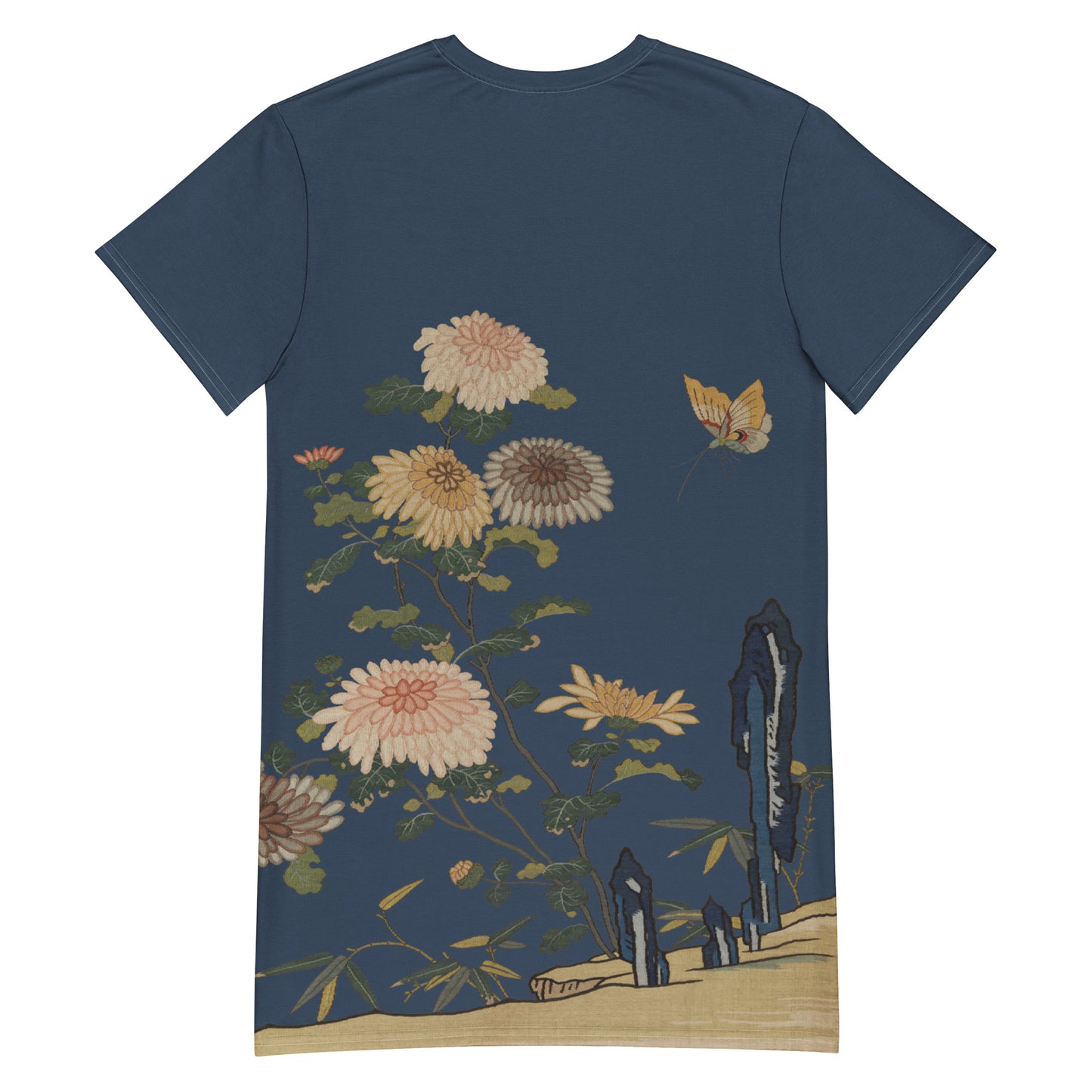 タペストリーの花｜Chrysanthemums and Butterflies｜T-shirt dress｜Dark blue