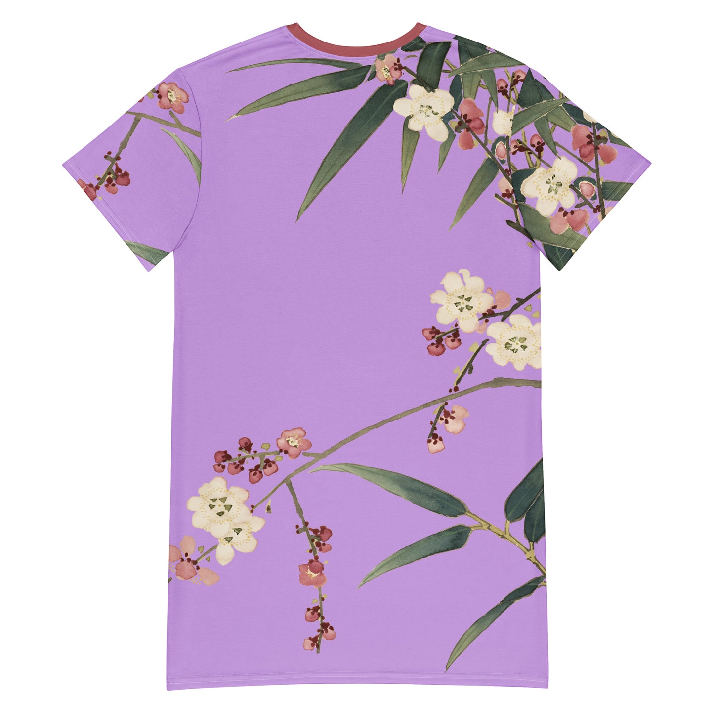 The Spirit of Flowers in Twelve Months｜Crimson Plum Blossom and Lush Green Bamboo｜T-shirt dress｜Lilac