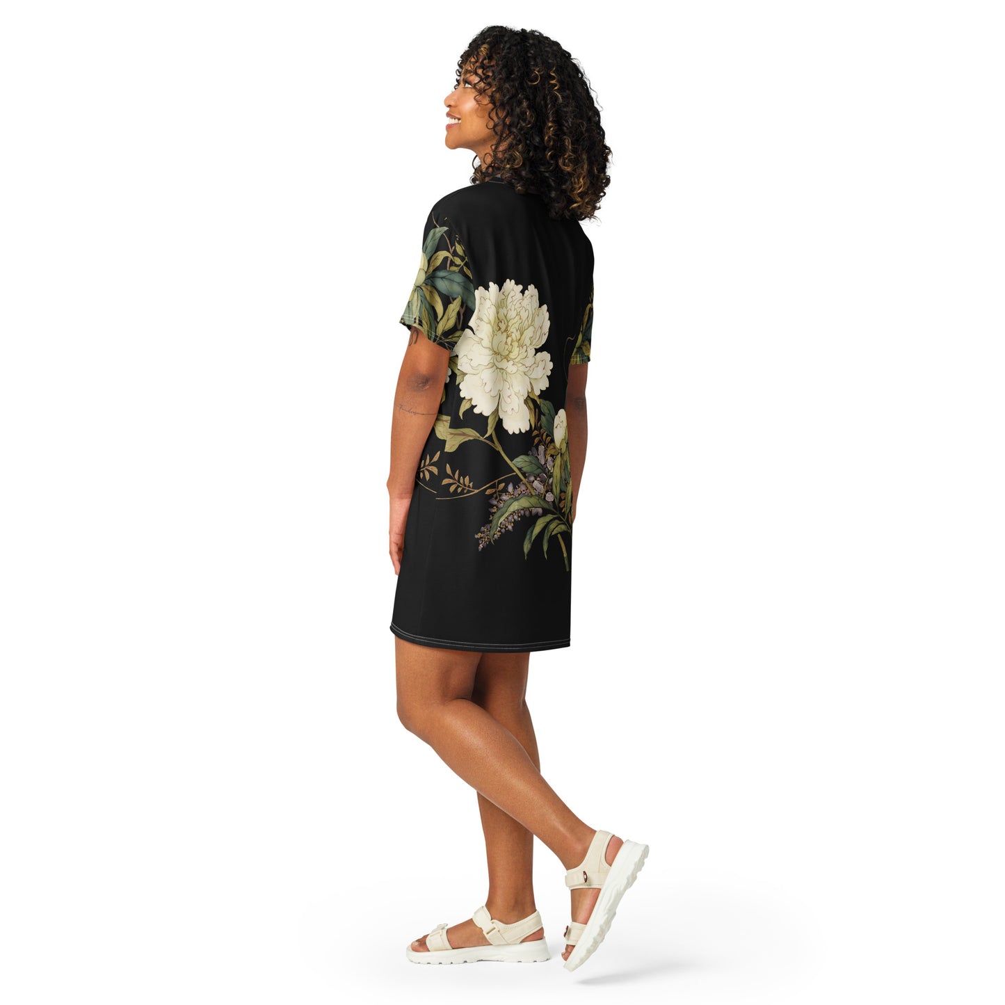 The Spirit of Flowers in Twelve Months｜Chinese Peony and Wisteria in Bloom｜T-shirt dress｜Black