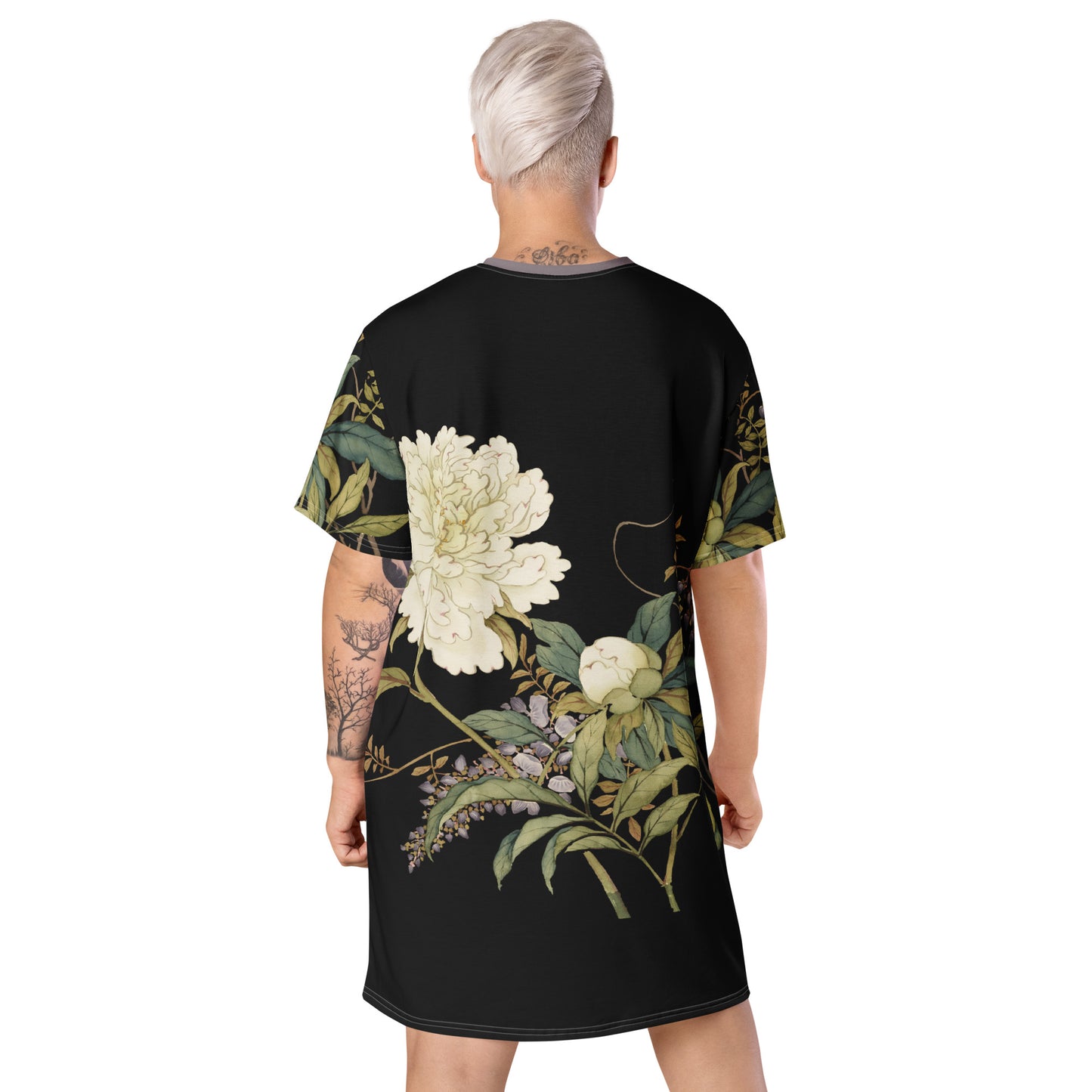 The Spirit of Flowers in Twelve Months｜Chinese Peony and Wisteria in Bloom｜T-shirt dress｜Black