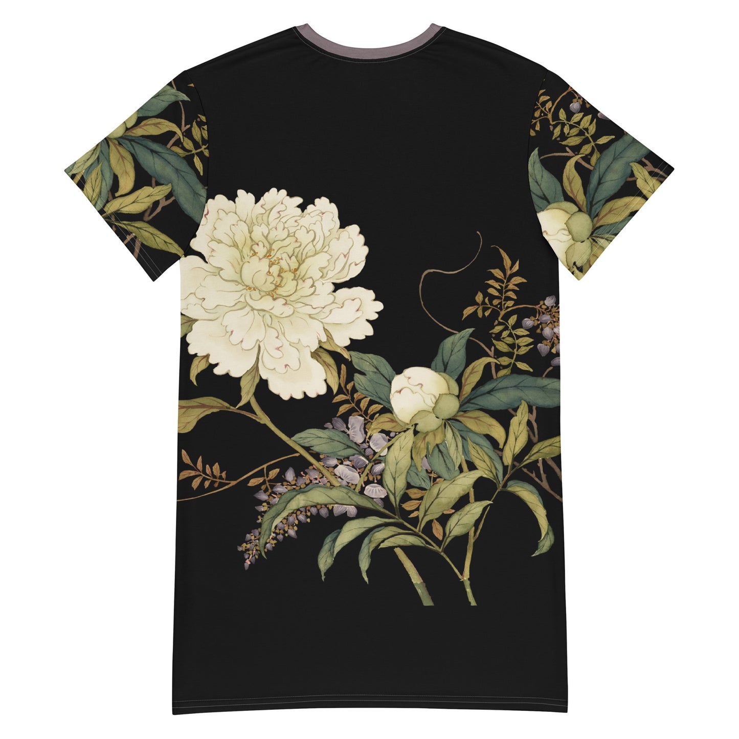 The Spirit of Flowers in Twelve Months｜Chinese Peony and Wisteria in Bloom｜T-shirt dress｜Black