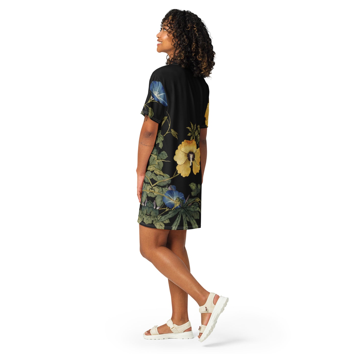 The Spirit of Flowers in Twelve Months｜Okra and White-edged Morning Glory in Bloom｜T-shirt dress｜Black