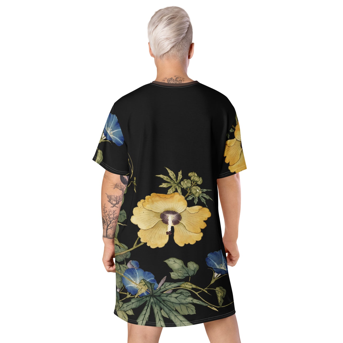 The Spirit of Flowers in Twelve Months｜Okra and White-edged Morning Glory in Bloom｜T-shirt dress｜Black