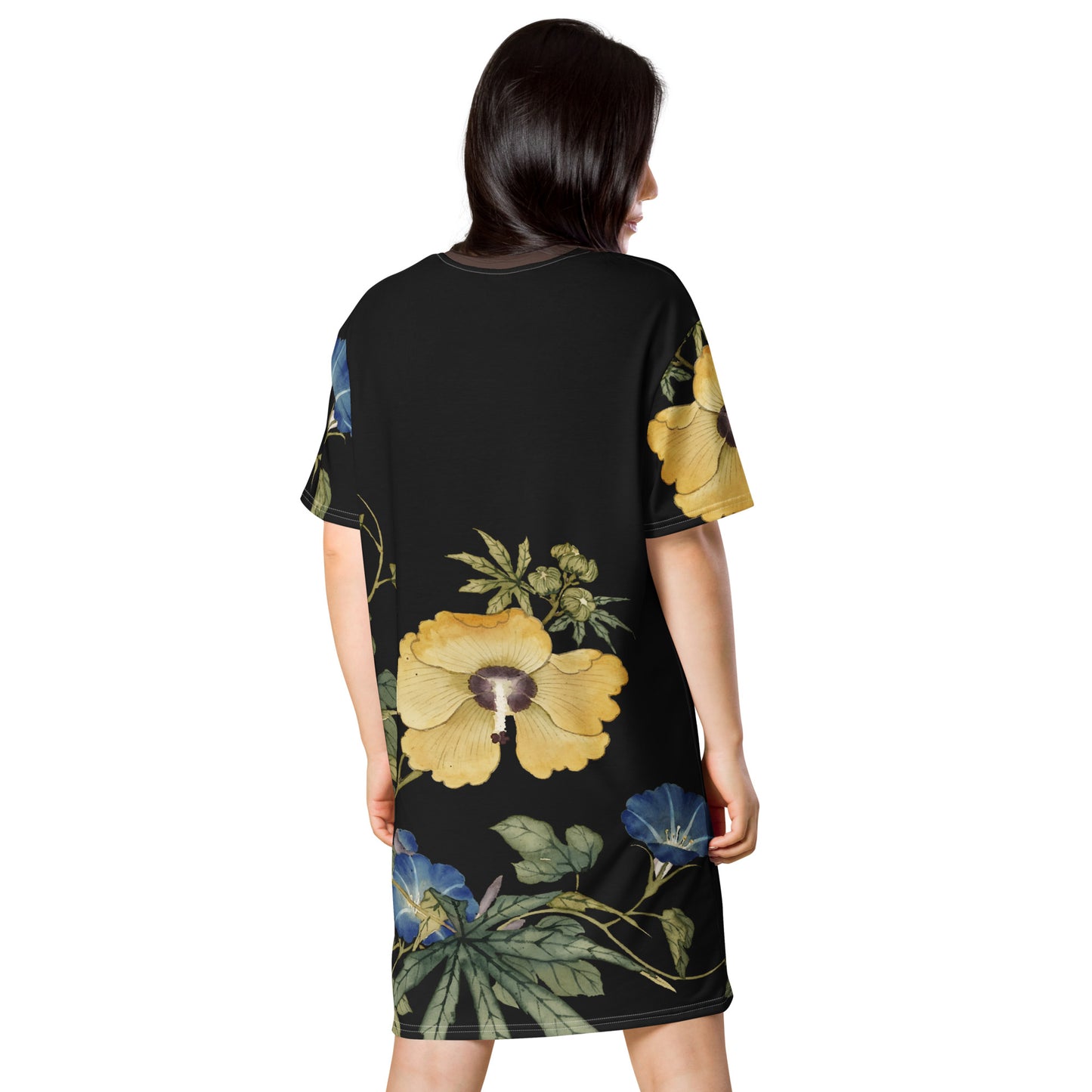 The Spirit of Flowers in Twelve Months｜Okra and White-edged Morning Glory in Bloom｜T-shirt dress｜Black