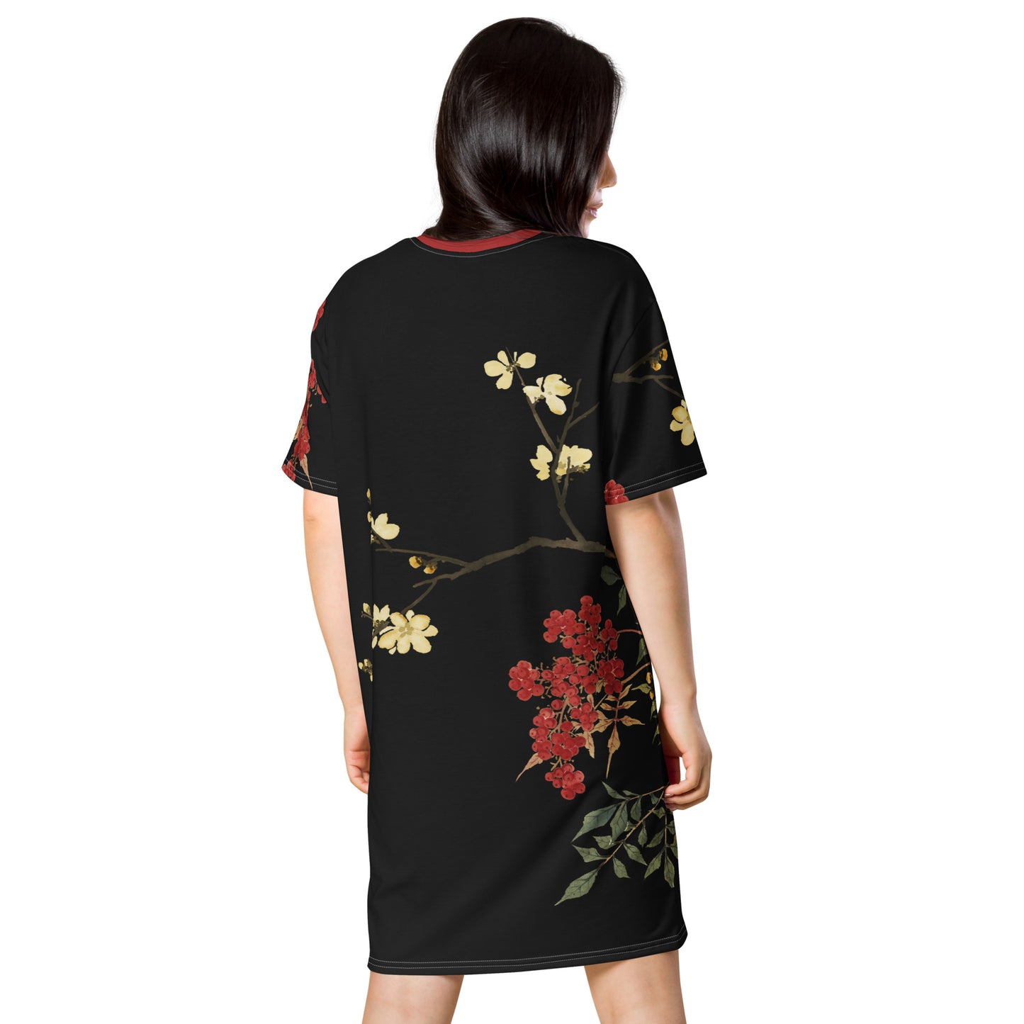 The Spirit of Flowers in Twelve Months｜Blooming Wintersweet and Heavenly Bamboo｜T-shirt dress｜Black