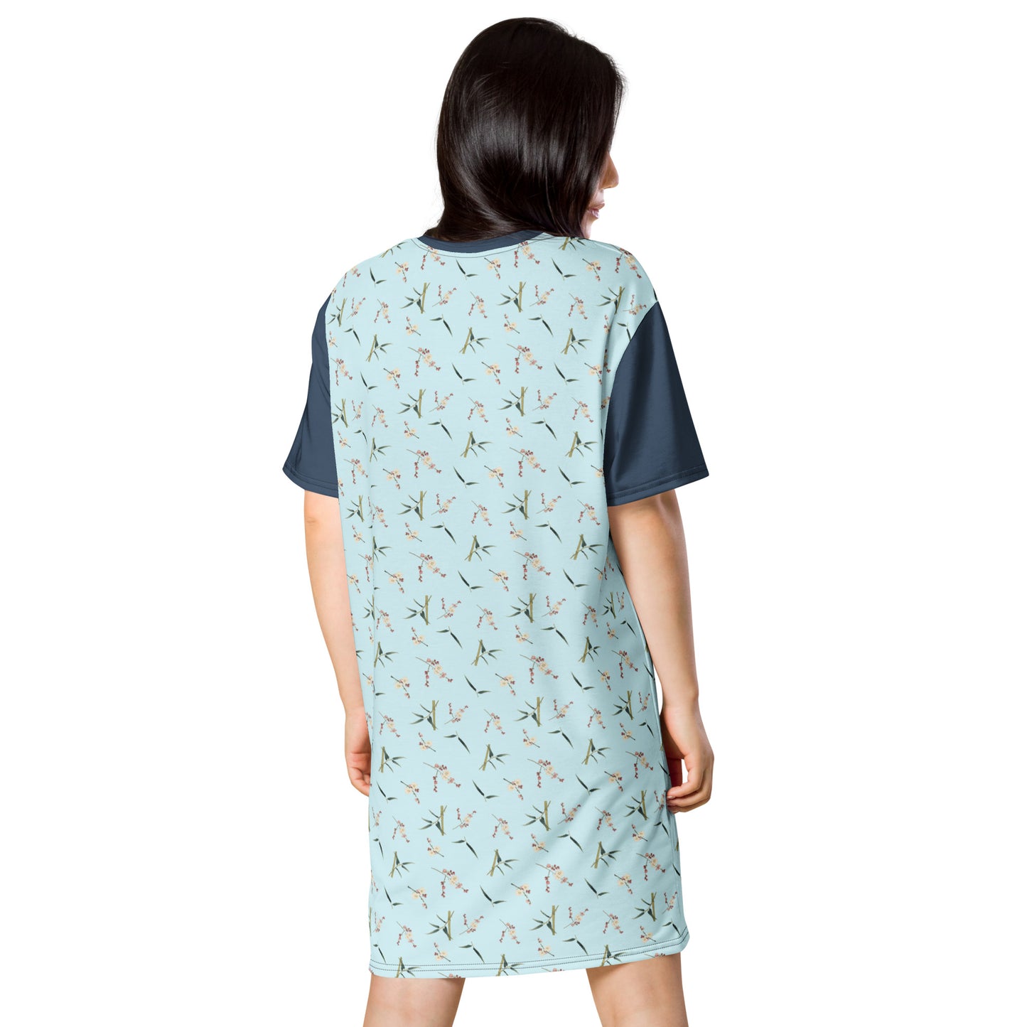 The Spirit of Flowers in Twelve Months｜Crimson Plum Blossom and Lush Green Bamboo｜T-shirt dress｜seamless print｜Aqua blue