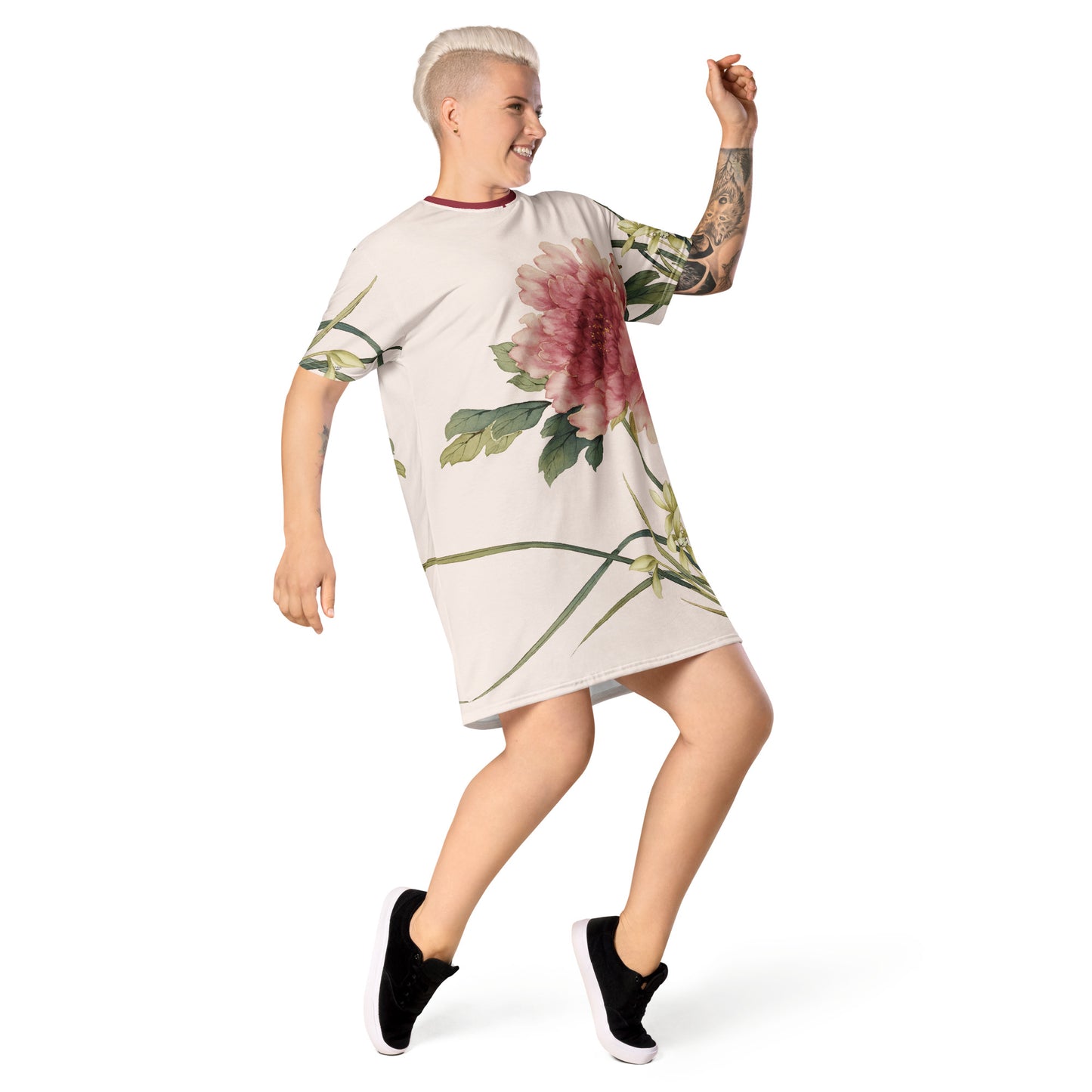 The Spirit of Flowers in Twelve Months｜Orchid and Tree Peony in Bloom｜T-shirt dress｜Fish belly white