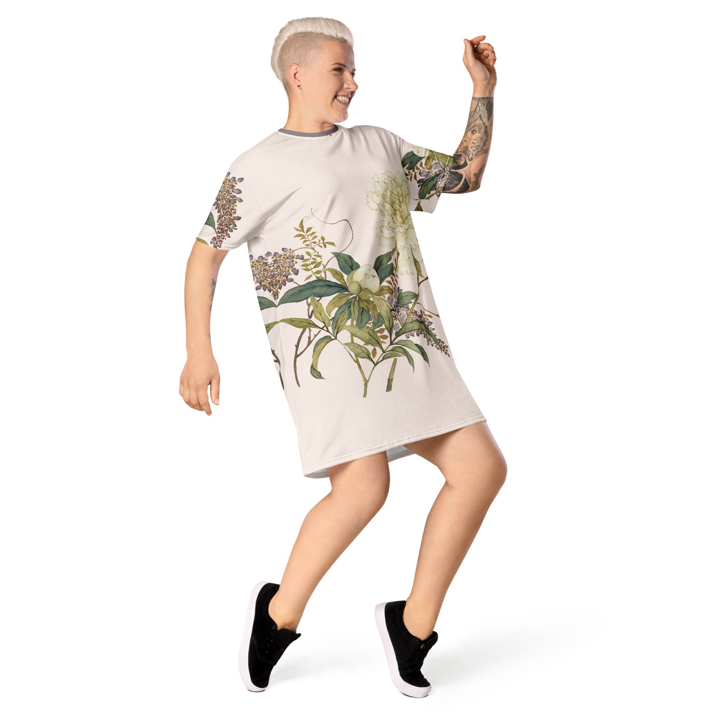 The Spirit of Flowers in Twelve Months｜Chinese Peony and Wisteria in Bloom｜T-shirt dress｜Fish belly white