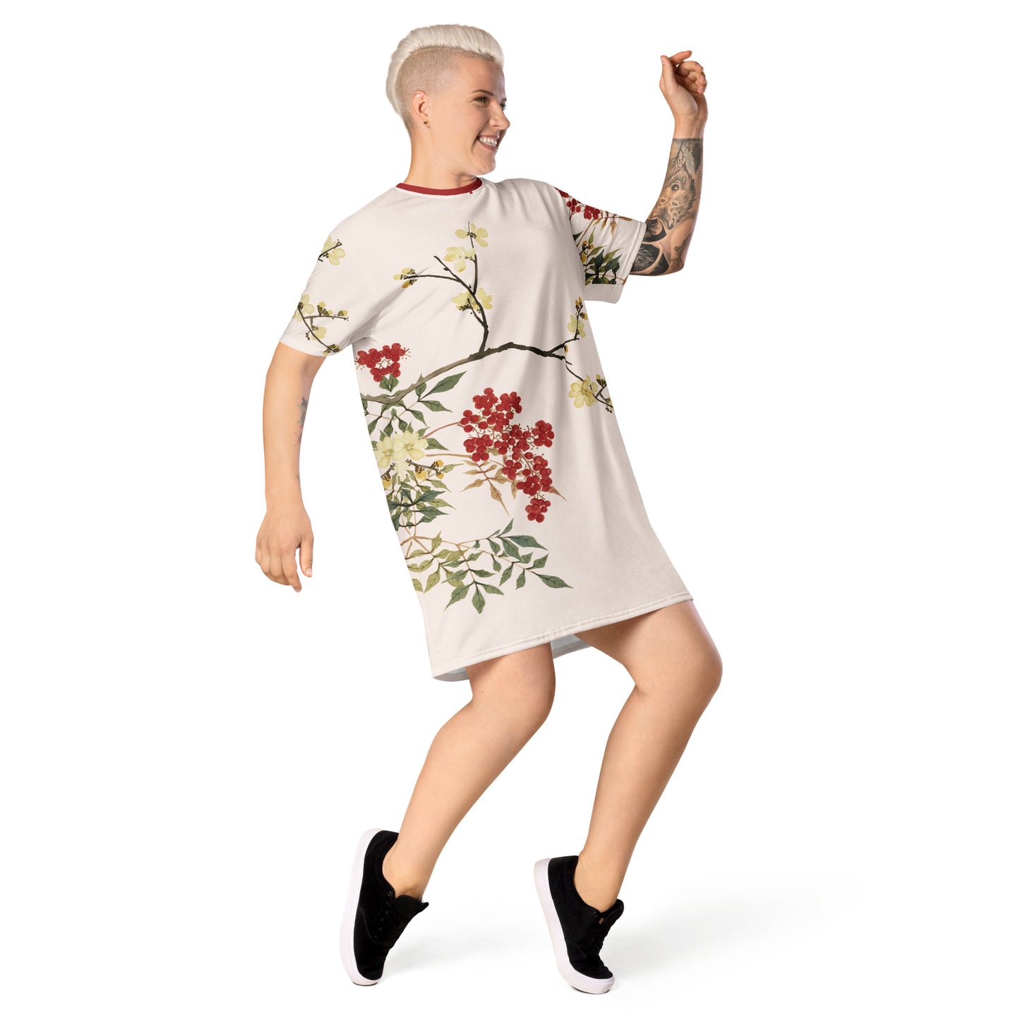 The Spirit of Flowers in Twelve Months｜Blooming Wintersweet and Heavenly Bamboo｜T-shirt dress｜Fish belly white