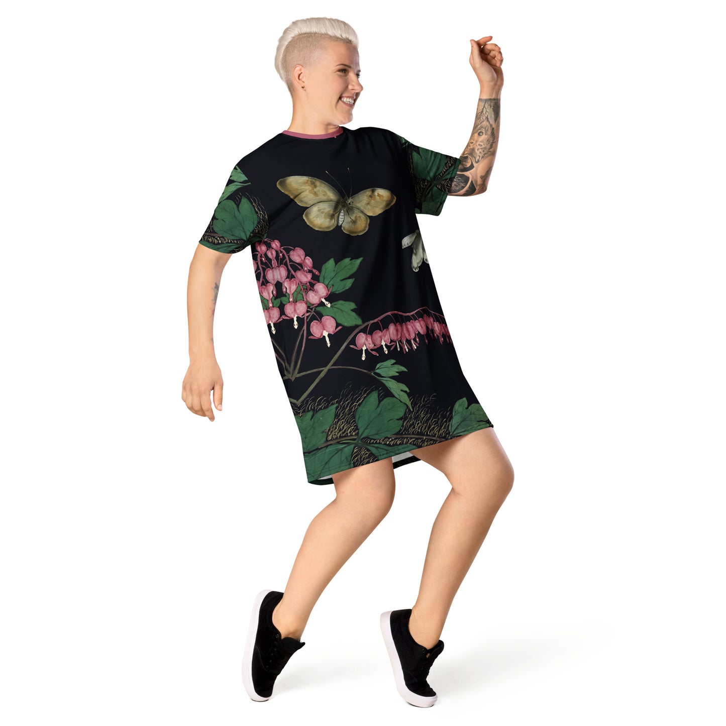 Cats And Butterflies Of Longevity｜Butterflies and Bleeding Hearts in Bloom｜T-shirt dress