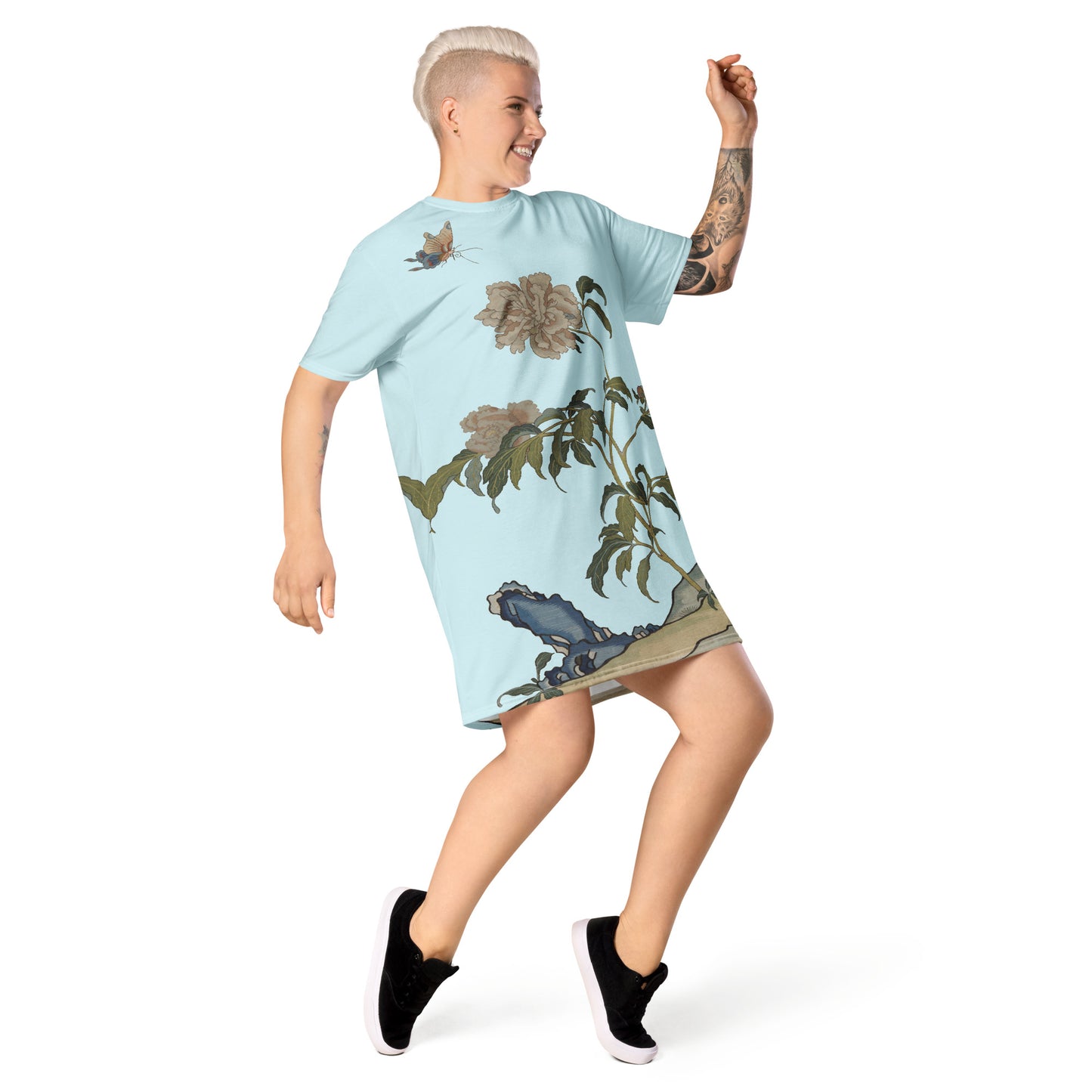 Kesi Flower Album｜Peonies and Butterfly｜T-shirt dress｜Aqua blue