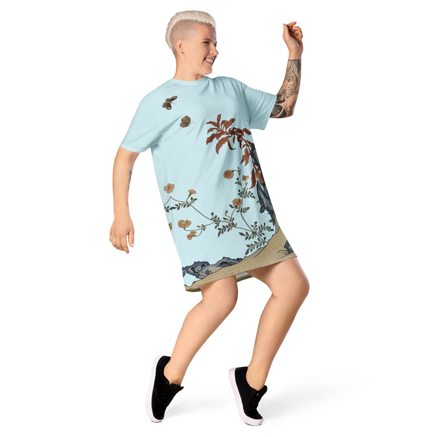 Kesi Flower Album｜Butterflies and Flowers｜T-shirt dress｜Aqua blue