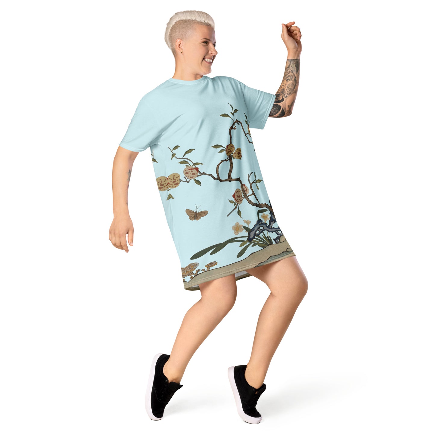 Kesi Flower Album｜Narcissus and Peaches｜T-shirt dress｜Aqua blue