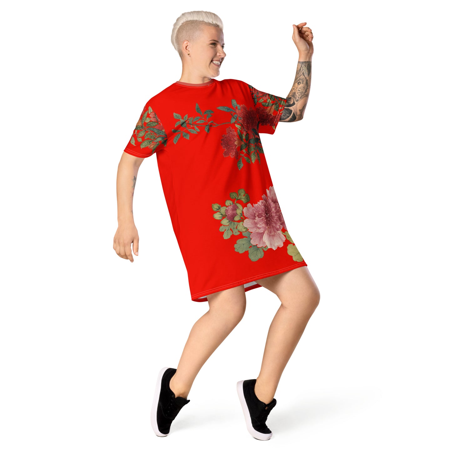 The Spirit of Flowers in Twelve Months｜Hollyhock and Pomegranate in Bloom｜T-shirt dress｜Garnet red