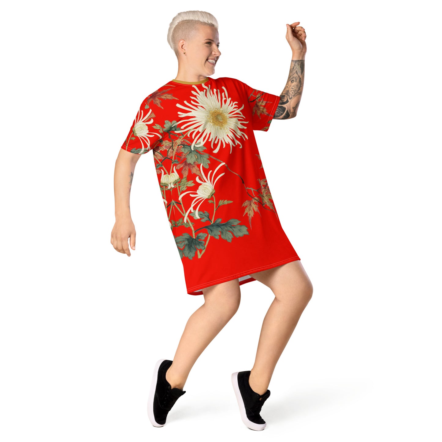 The Spirit of Flowers in Twelve Months｜Blooming Chrysanthemum and Maple Leaves｜T-shirt dress｜Garnet red