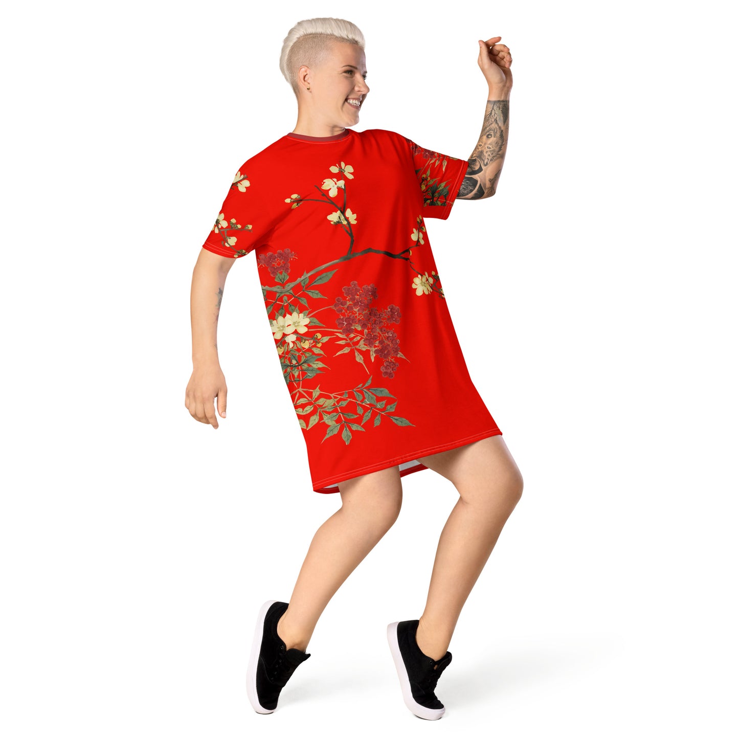 The Spirit of Flowers in Twelve Months｜Blooming Wintersweet and Heavenly Bamboo｜T-shirt dress｜Garnet red