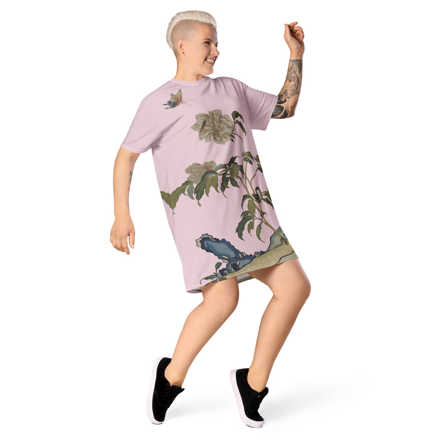 Kesi Flower Album｜Peonies and Butterfly｜T-shirt dress｜Pale pinkish gray