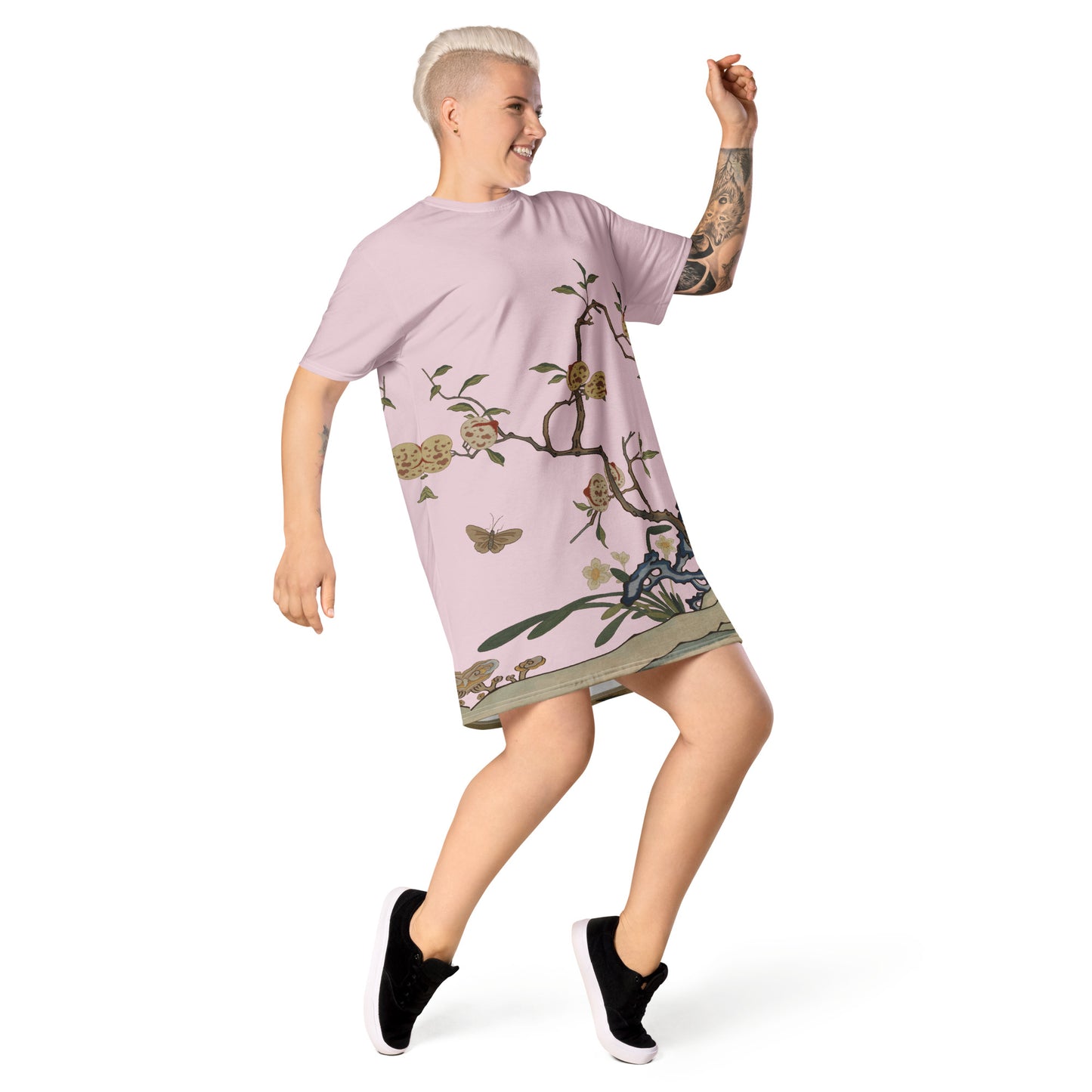 Kesi Flower Album｜Narcissus and Peaches｜T-shirt dress｜Pale pinkish gray