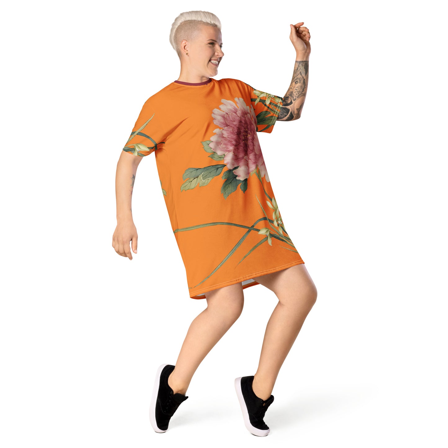 The Spirit of Flowers in Twelve Months｜Orchid and Tree Peony in Bloom｜T-shirt dress｜Orange