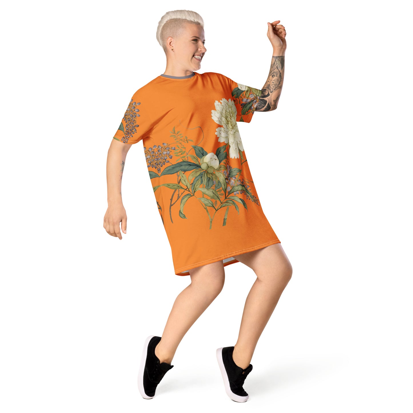 The Spirit of Flowers in Twelve Months｜Chinese Peony and Wisteria in Bloom｜T-shirt dress｜Orange