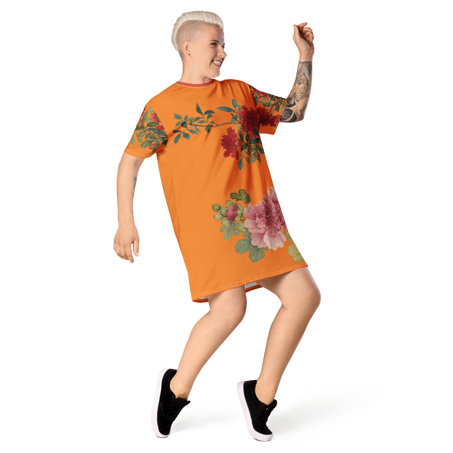 The Spirit of Flowers in Twelve Months｜Hollyhock and Pomegranate in Bloom｜T-shirt dress｜Orange