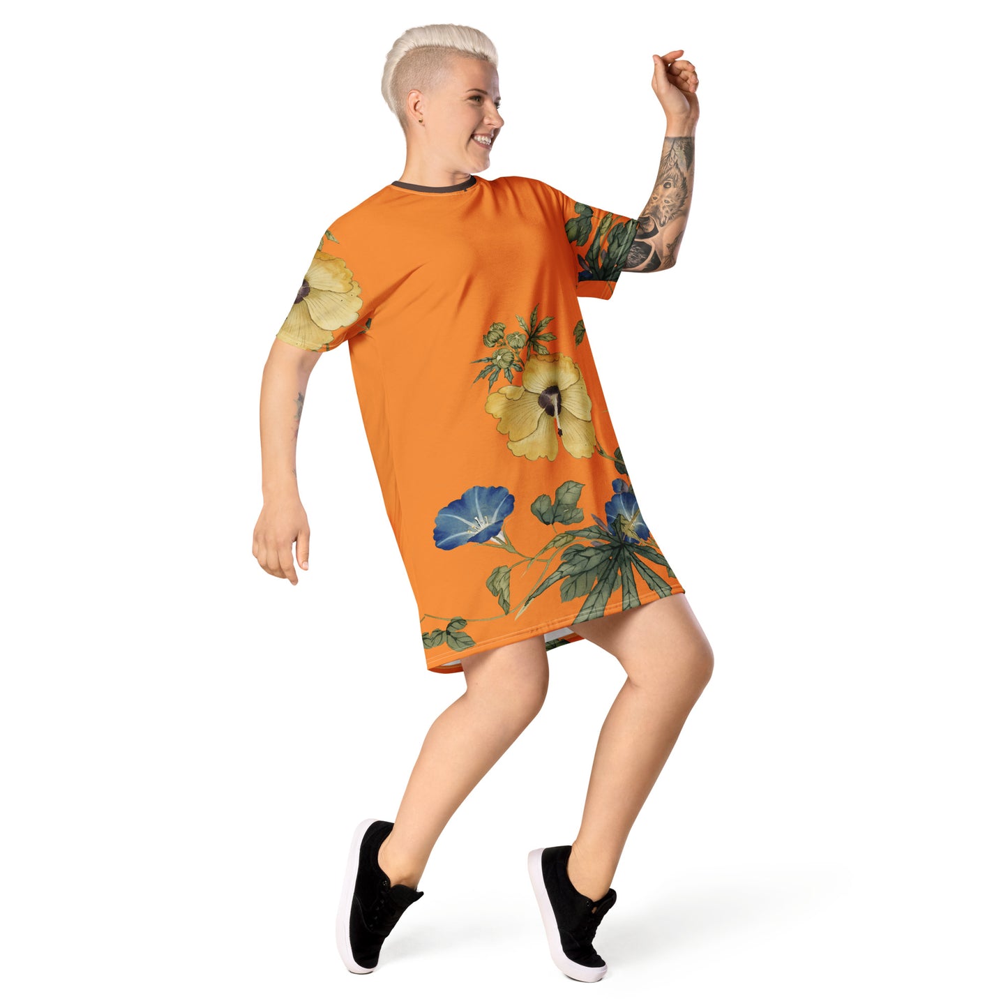 The Spirit of Flowers in Twelve Months｜Okra and White-edged Morning Glory in Bloom｜T-shirt dress｜Orange