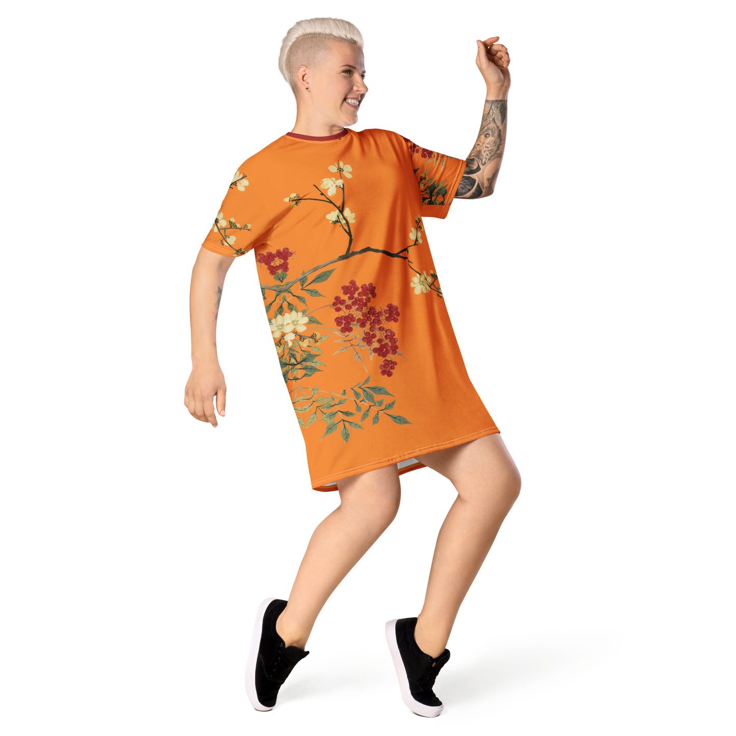 The Spirit of Flowers in Twelve Months｜Blooming Wintersweet and Heavenly Bamboo｜T-shirt dress｜Orange