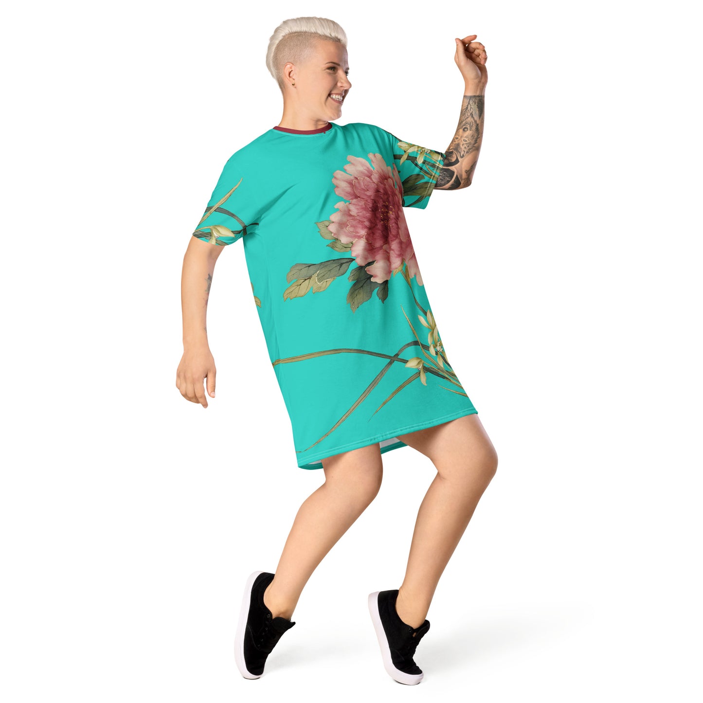 The Spirit of Flowers in Twelve Months｜Orchid and Tree Peony in Bloom｜T-shirt dress｜Turquoise