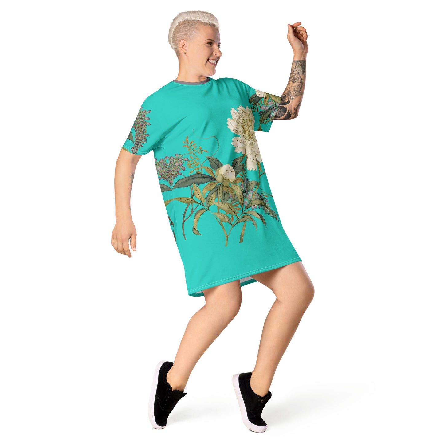 The Spirit of Flowers in Twelve Months｜Chinese Peony and Wisteria in Bloom｜T-shirt dress｜Turquoise