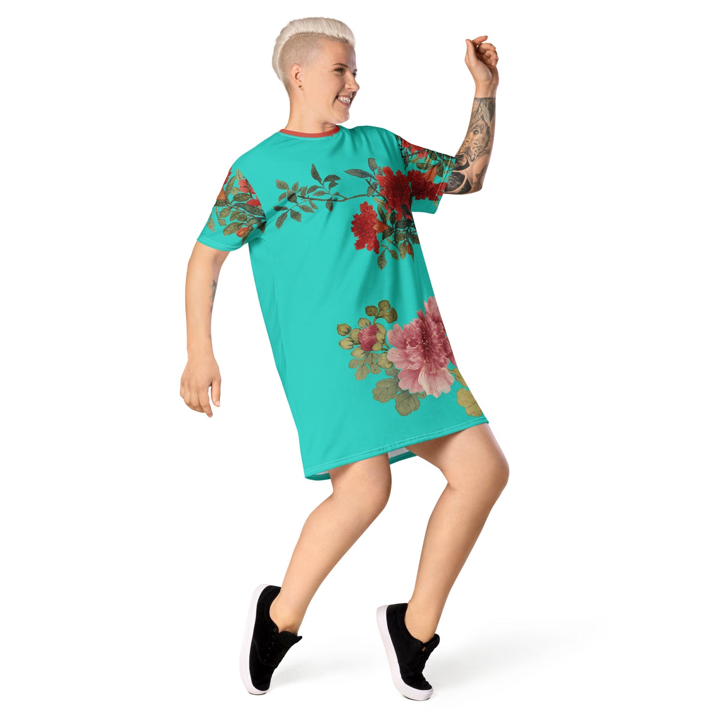 The Spirit of Flowers in Twelve Months｜Hollyhock and Pomegranate in Bloom｜T-shirt dress｜Turquoise