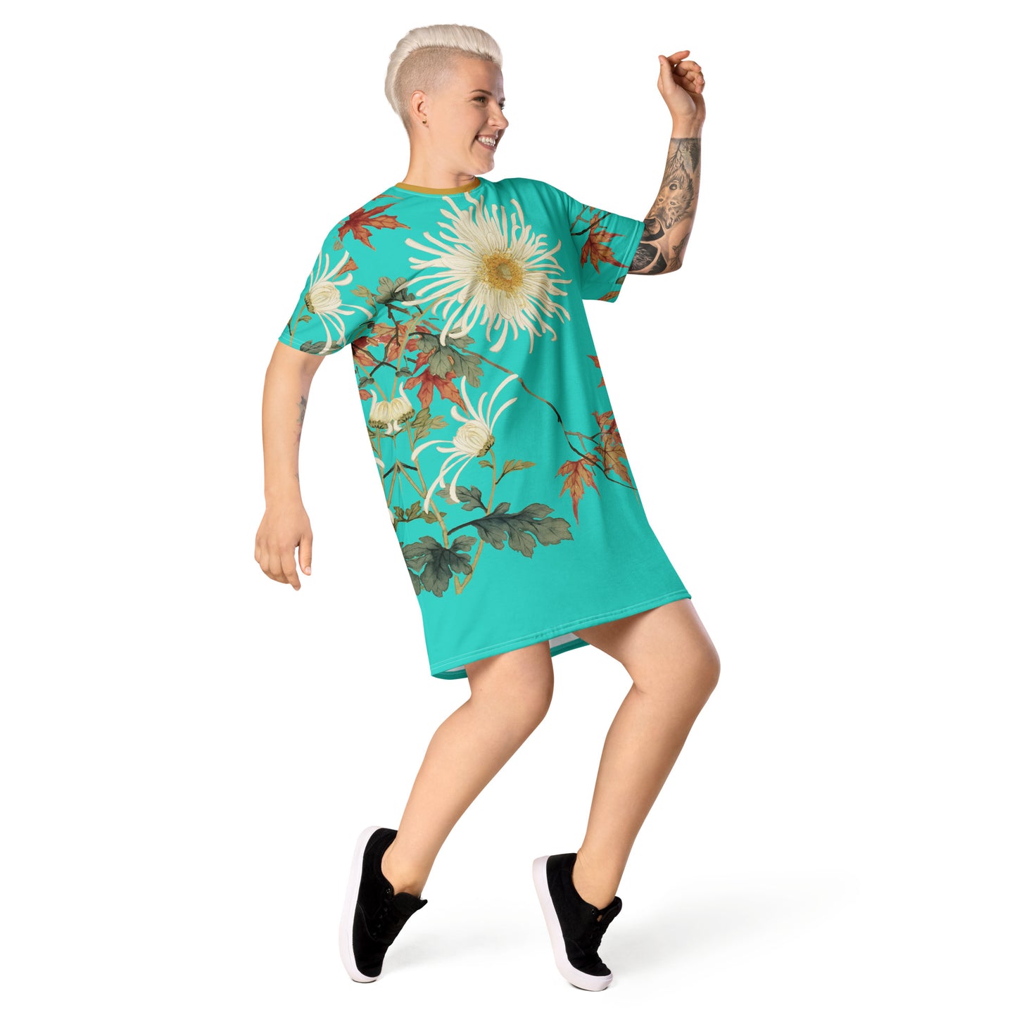 The Spirit of Flowers in Twelve Months｜Blooming Chrysanthemum and Maple Leaves｜T-shirt dress｜Turquoise