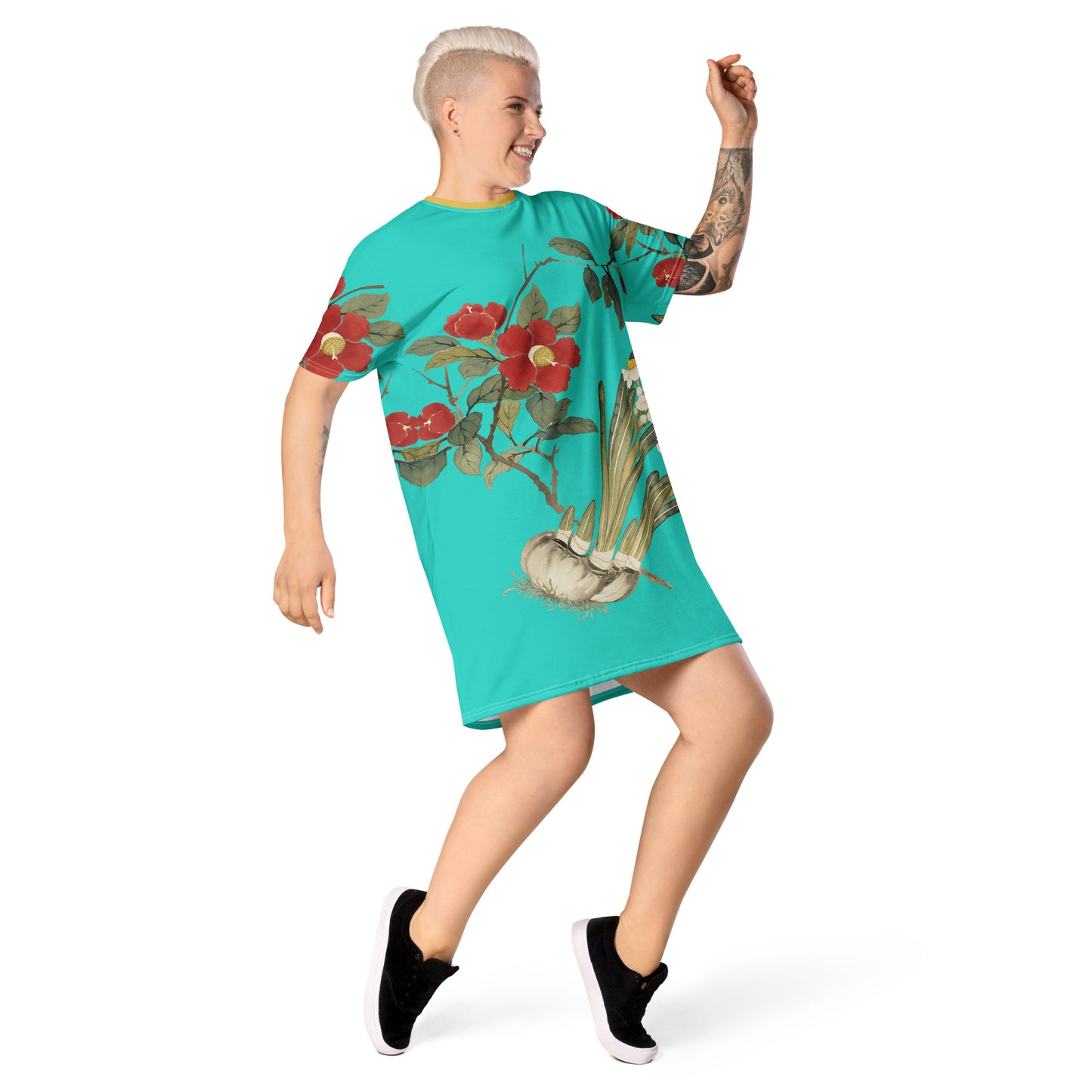 The Spirit of Flowers in Twelve Months｜Narcissus and Camelia in Bloom｜T-shirt dress｜Turquoise