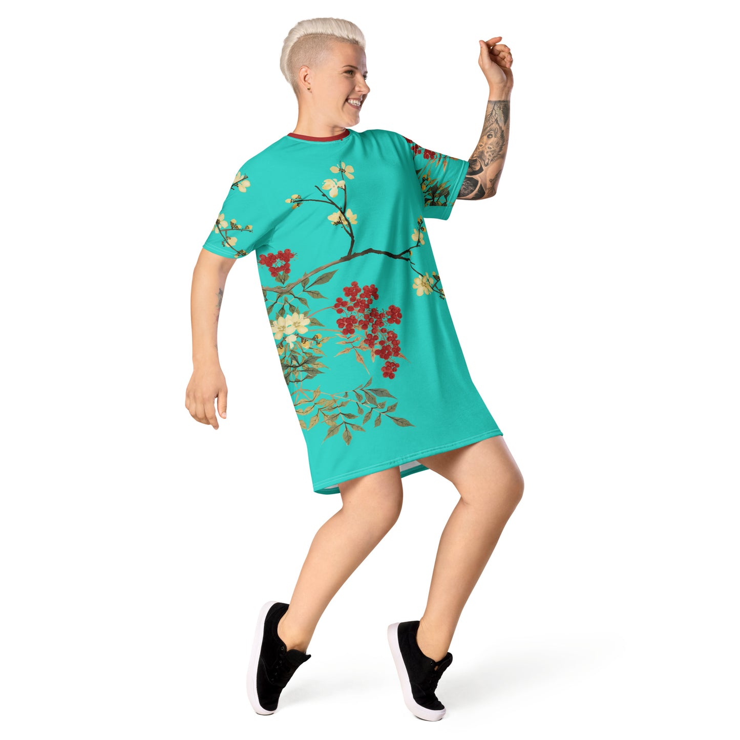 The Spirit of Flowers in Twelve Months｜Blooming Wintersweet and Heavenly Bamboo｜T-shirt dress｜Turquoise