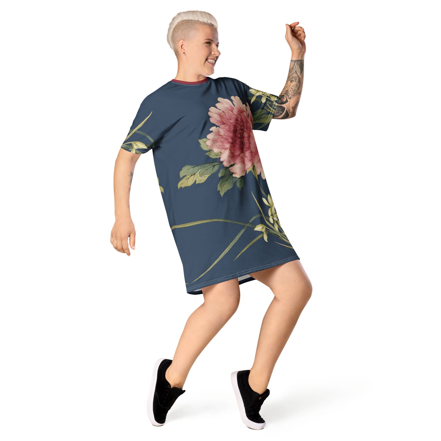 The Spirit of Flowers in Twelve Months｜Orchid and Tree Peony in Bloom｜T-shirt dress｜Dark blue