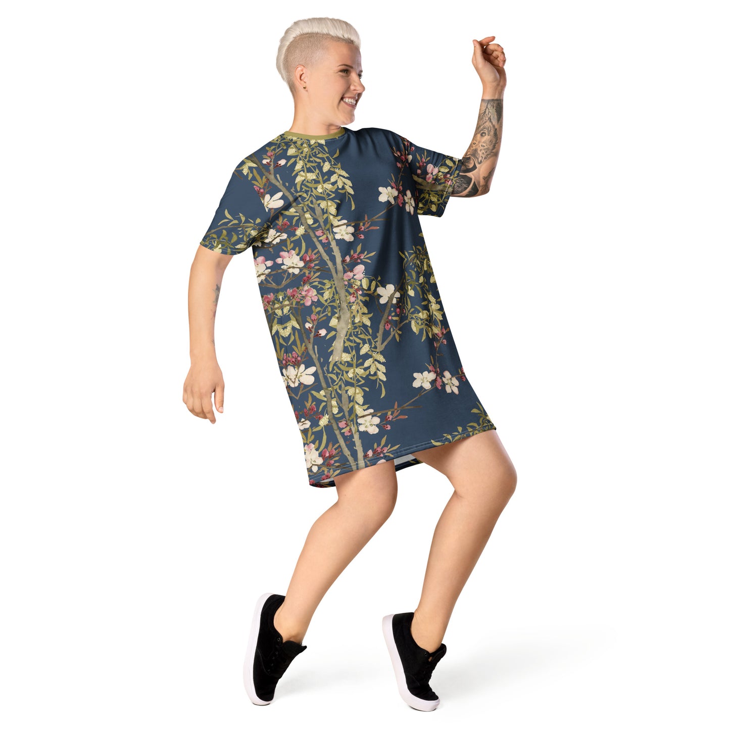 The Spirit of Flowers in Twelve Months｜Willow and Peach Blossom｜T-shirt dress｜Dark blue