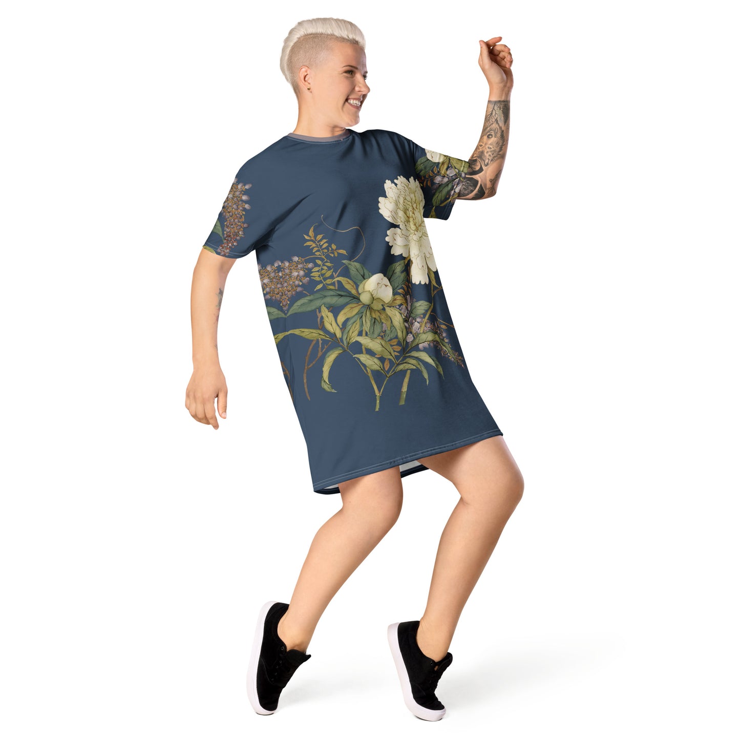 The Spirit of Flowers in Twelve Months｜Chinese Peony and Wisteria in Bloom｜T-shirt dress｜Dark blue