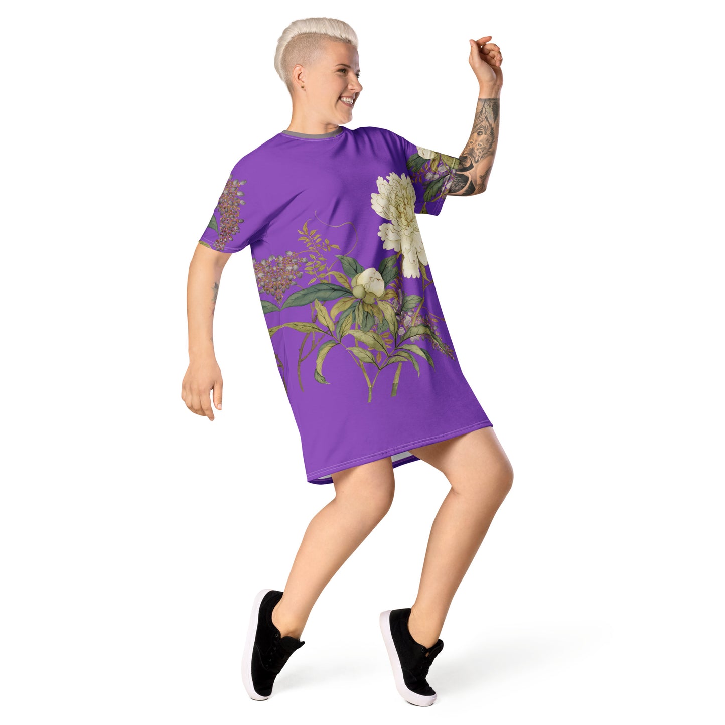 The Spirit of Flowers in Twelve Months｜Chinese Peony and Wisteria in Bloom｜T-shirt dress｜Purple