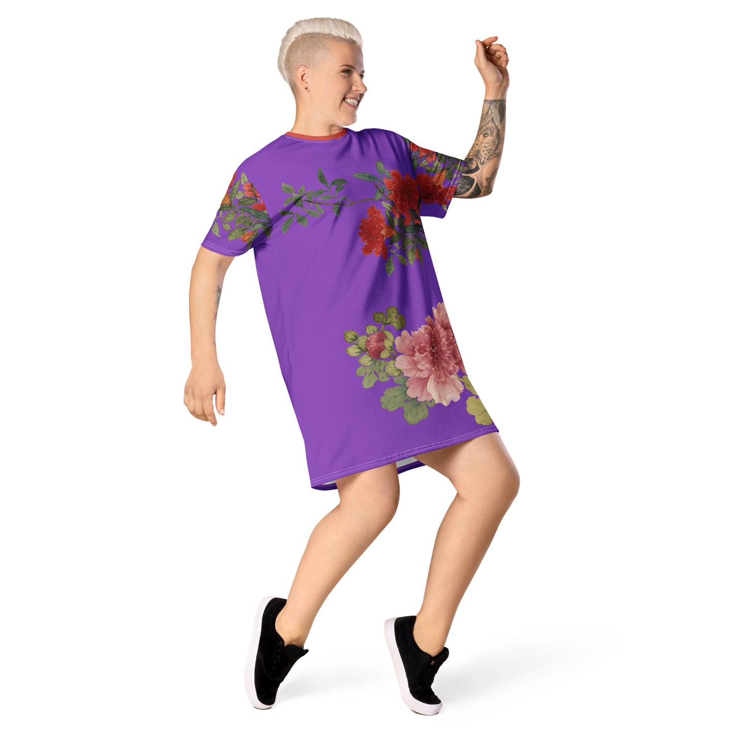 The Spirit of Flowers in Twelve Months｜Hollyhock and Pomegranate in Bloom｜T-shirt dress｜Purple