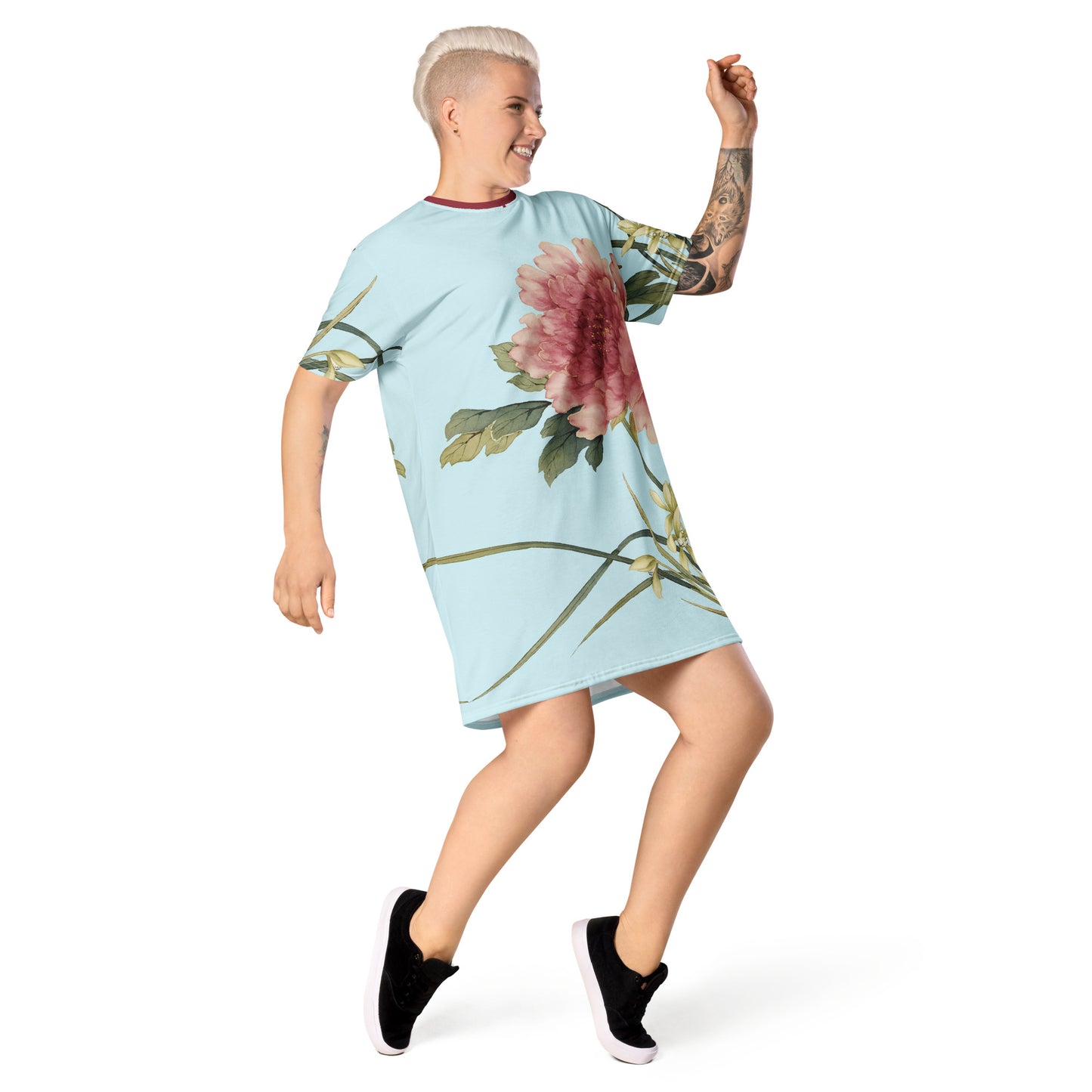 The Spirit of Flowers in Twelve Months｜Orchid and Tree Peony in Bloom｜T-shirt dress｜Aqua blue