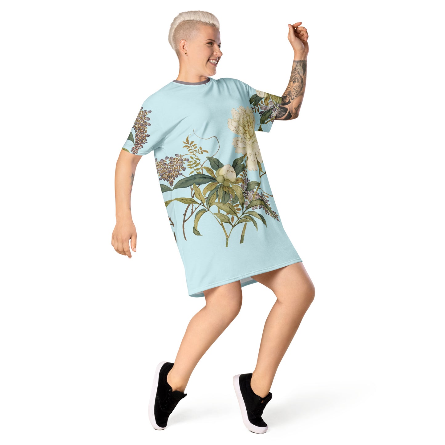 The Spirit of Flowers in Twelve Months｜Chinese Peony and Wisteria in Bloom｜T-shirt dress｜Aqua blue