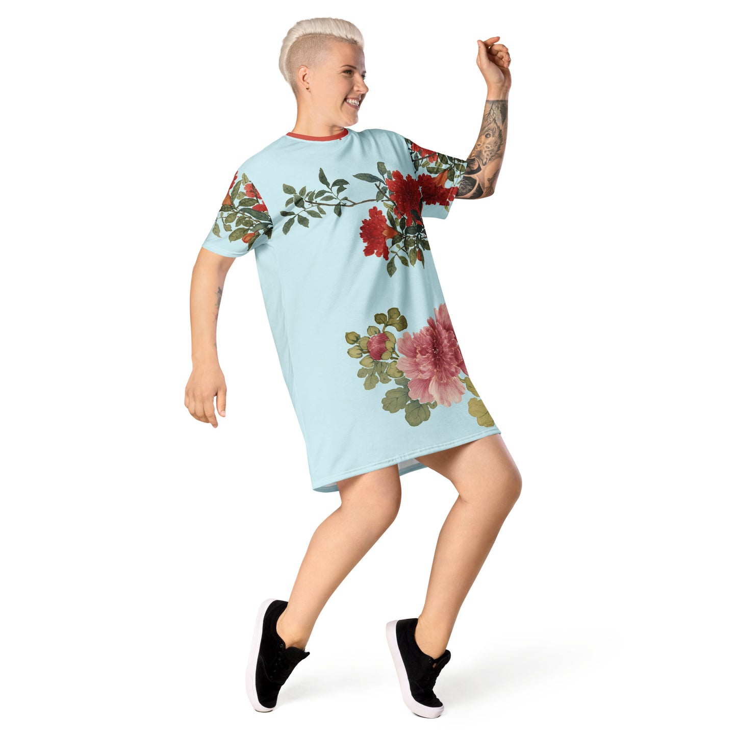 The Spirit of Flowers in Twelve Months｜Hollyhock and Pomegranate in Bloom｜T-shirt dress｜Aqua blue