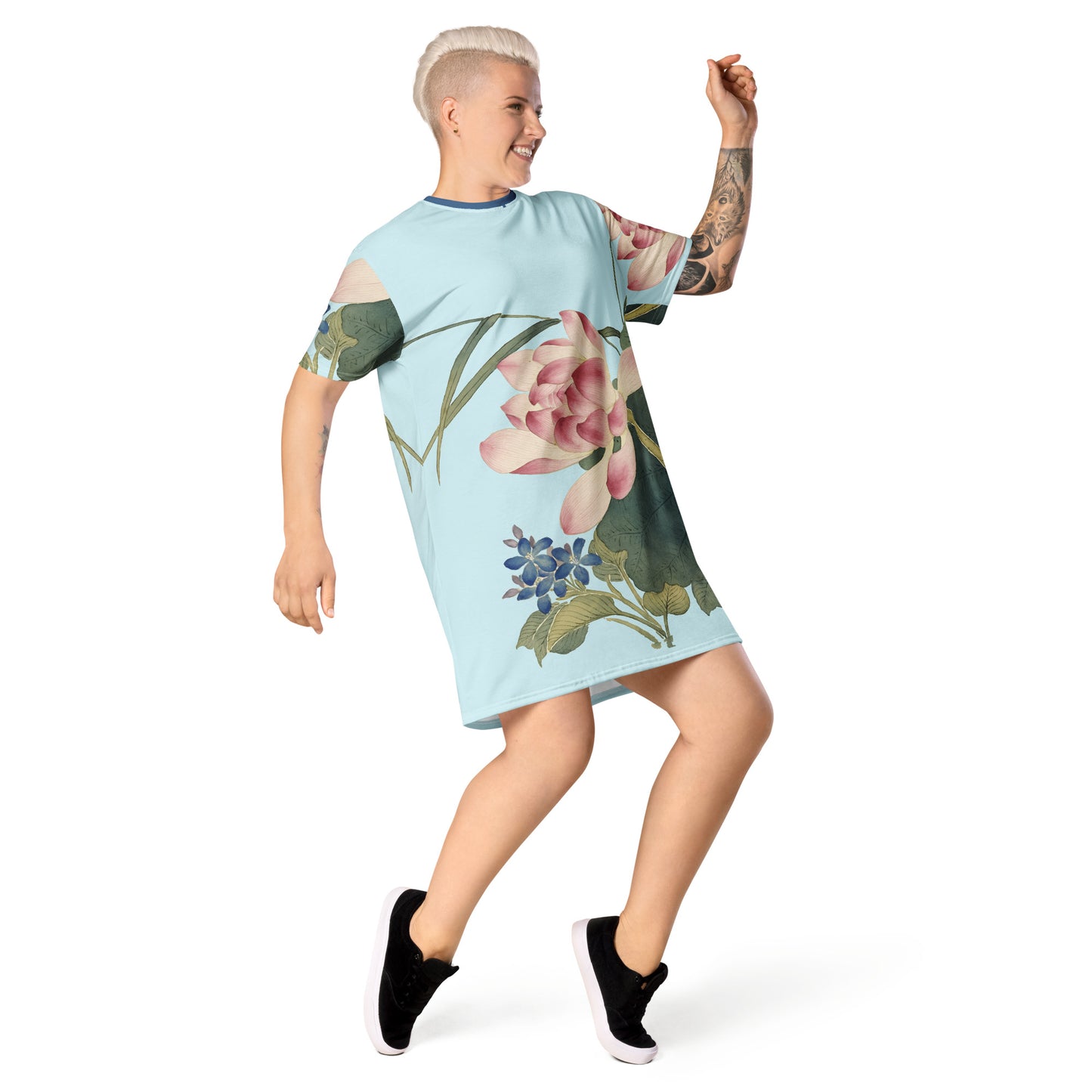 The Spirit of Flowers in Twelve Months｜Lotus in Bloom｜T-shirt dress｜Aqua blue