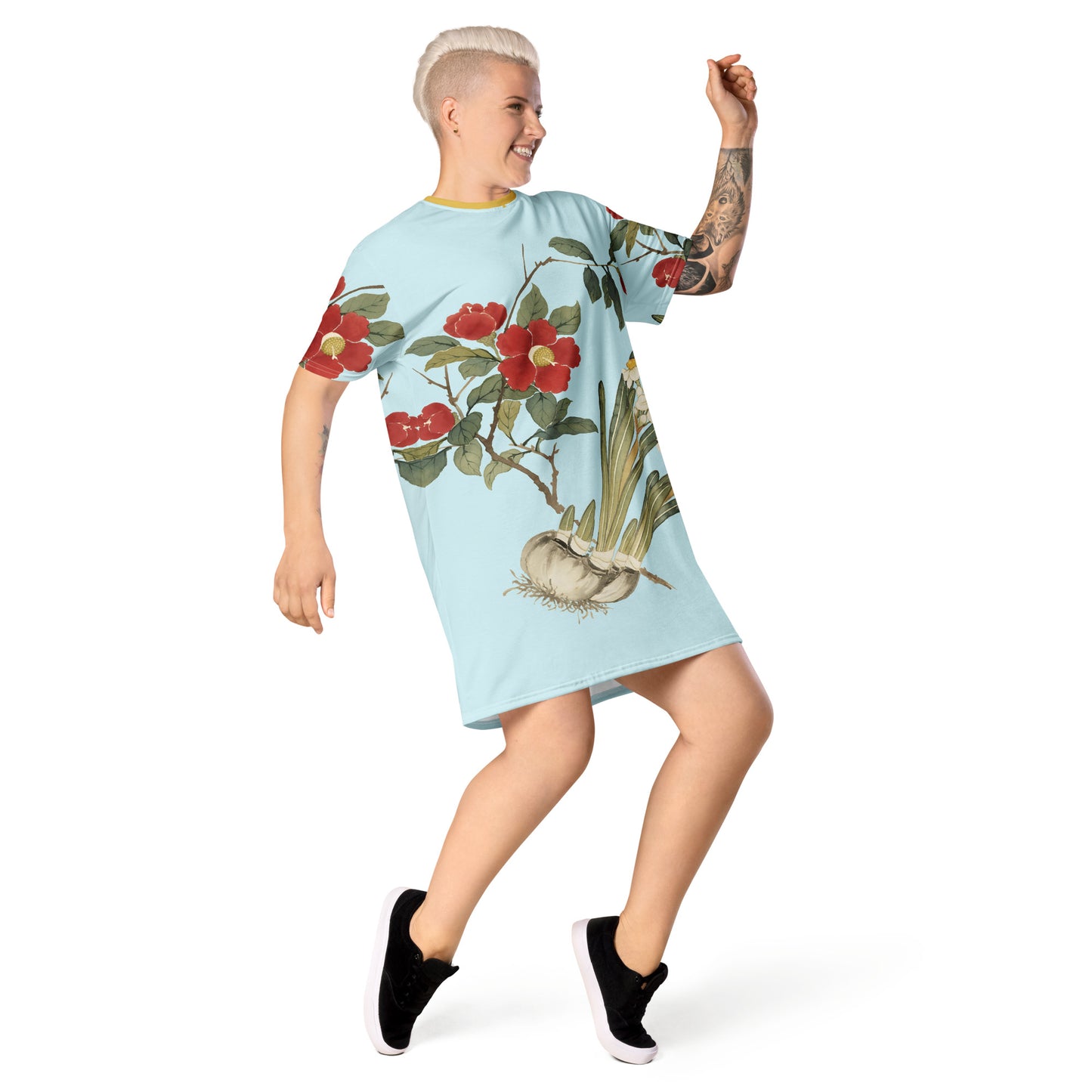 The Spirit of Flowers in Twelve Months｜Narcissus and Camelia in Bloom｜T-shirt dress｜Aqua blue