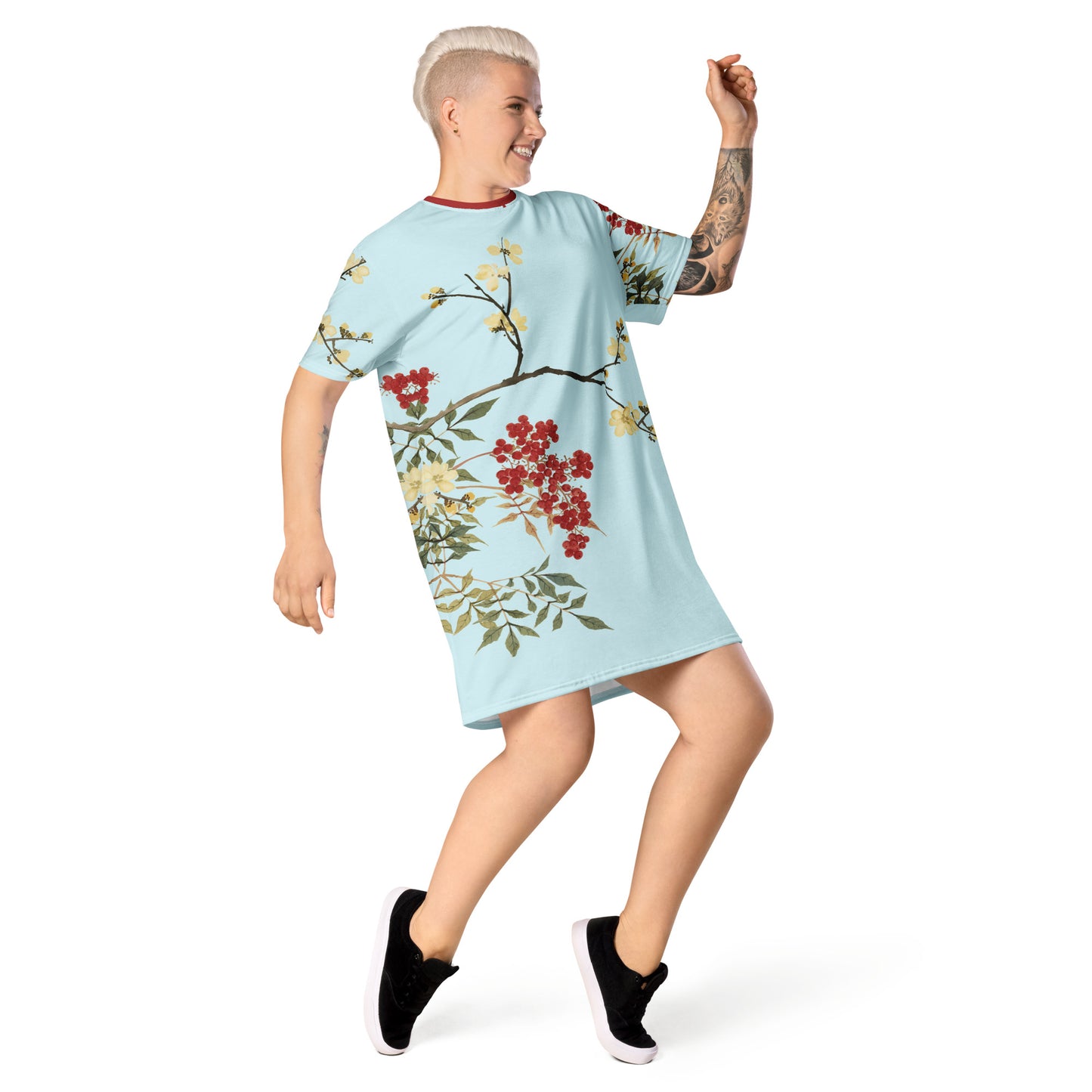 The Spirit of Flowers in Twelve Months｜Blooming Wintersweet and Heavenly Bamboo｜T-shirt dress｜Aqua blue