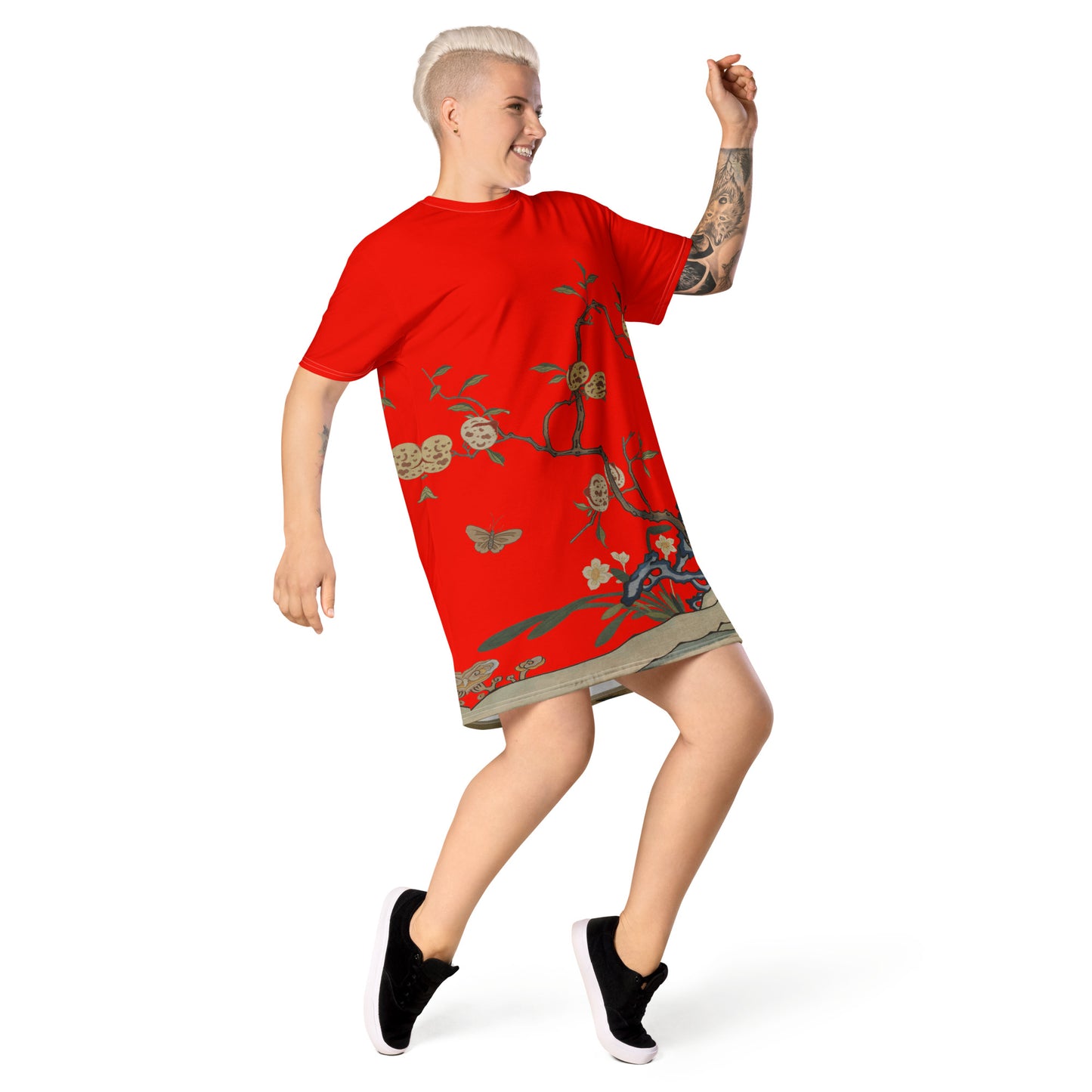 Kesi Flower Album｜Narcissus and Peaches｜T-shirt dress｜Garnet red